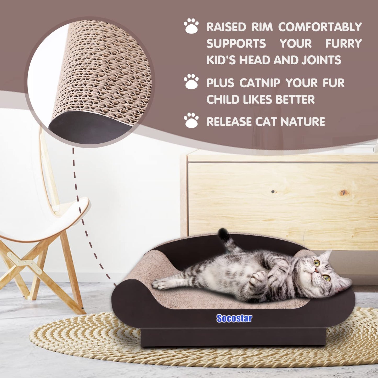 Socostar Cat Couch Bed Pad, Cardboard Cats Scratcher Furniture with Catnip, Large Scratch Sofa for Indoor Cats, Wear Resistant and Durable Cat Scratching Board
