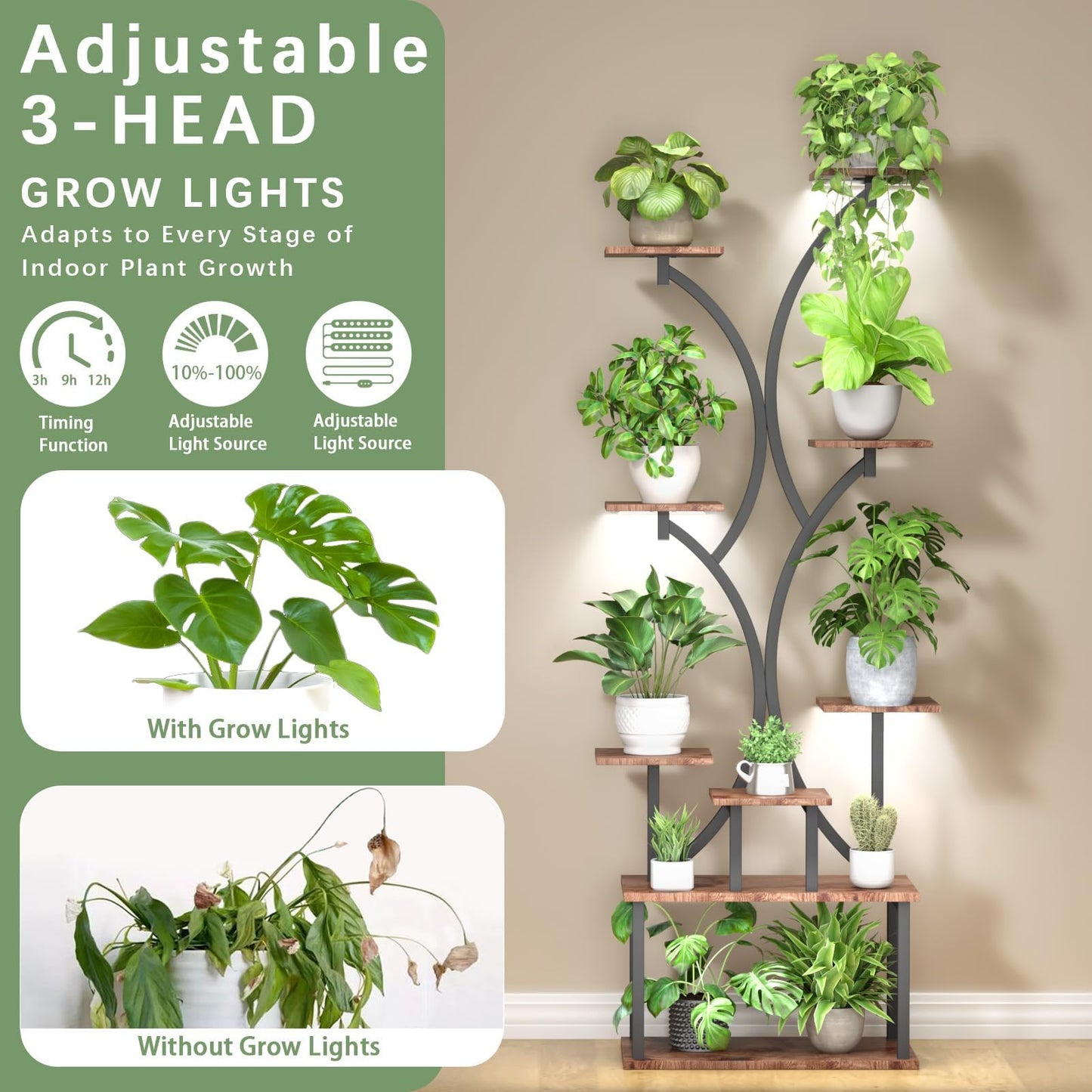 REFGY 65 inch Plant Stand Indoor with Grow Lights, 9 Tiered Metal Plant Stands Indoor, Tall Plant Shelf for Multiple Plants, for Living Room, Patio Balcony or Office (Rustic Brown)