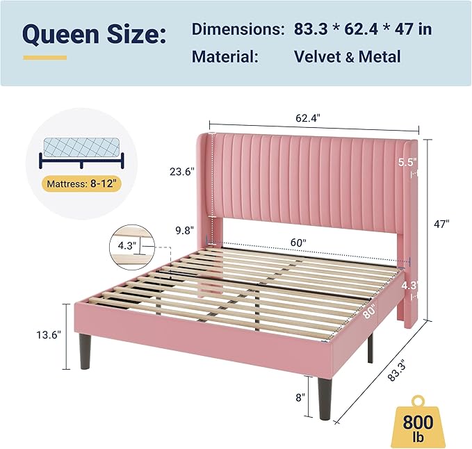 Allewie Queen Size Velvet Bed Frame/Vertical Channel Tufted Wingback
