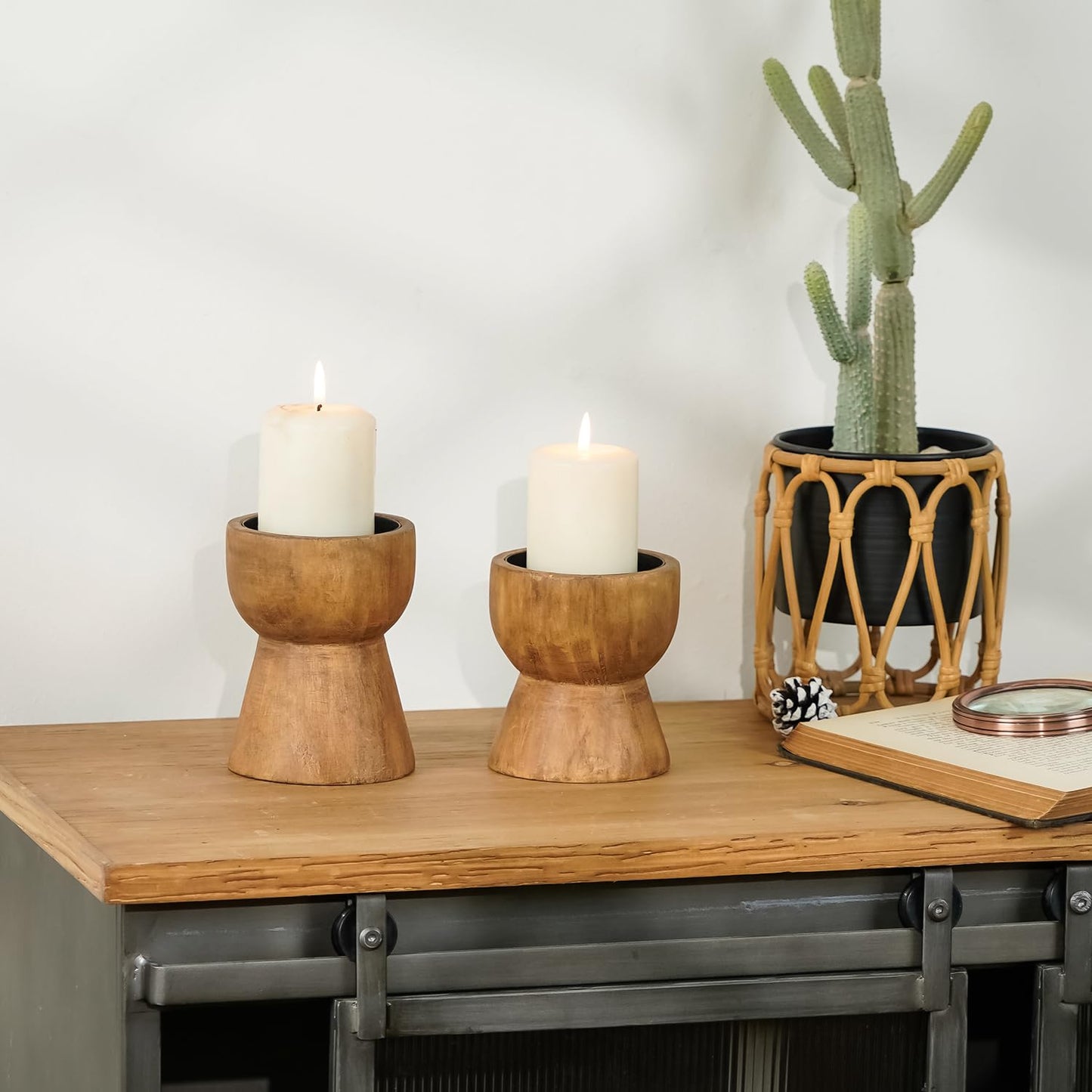NIKKY HOME Farmhouse Wooden Pillar Candle Holders Set of 2, Mantel Decor