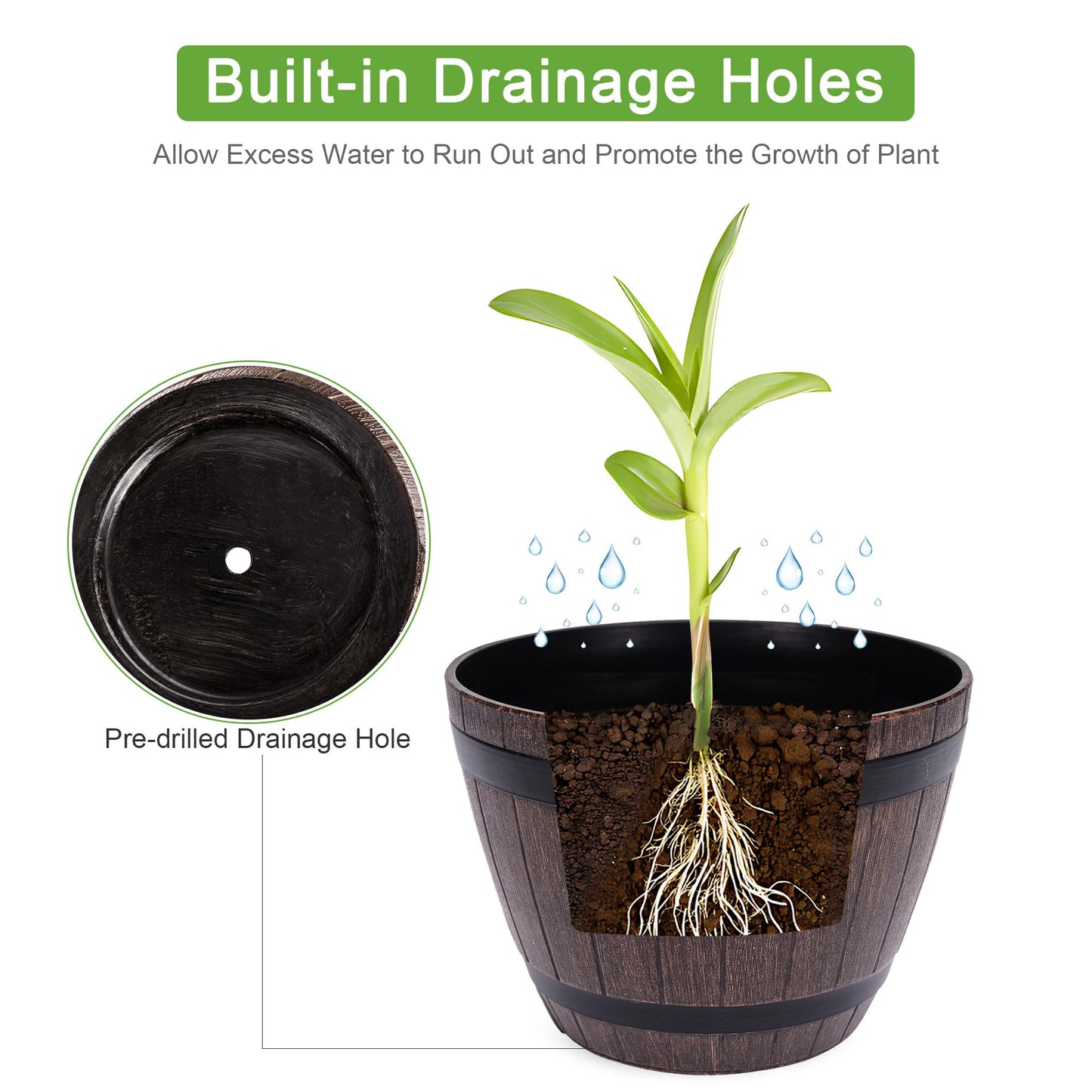 VECELO Plant Pots with Drainage Holes & Saucer, 9/11.3/13 Inch Flower Pots with Tray, 3 Pack Plastic Whiskey Barrel Planters for Indoor & Outdoor Garden Home Plants and Flowers