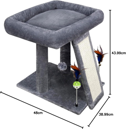 TWDEPART Small Cat Tree for Indoor Cats, Activity Centre Climbing Tree with Scratching Board and Playful Toy Balls, Grey