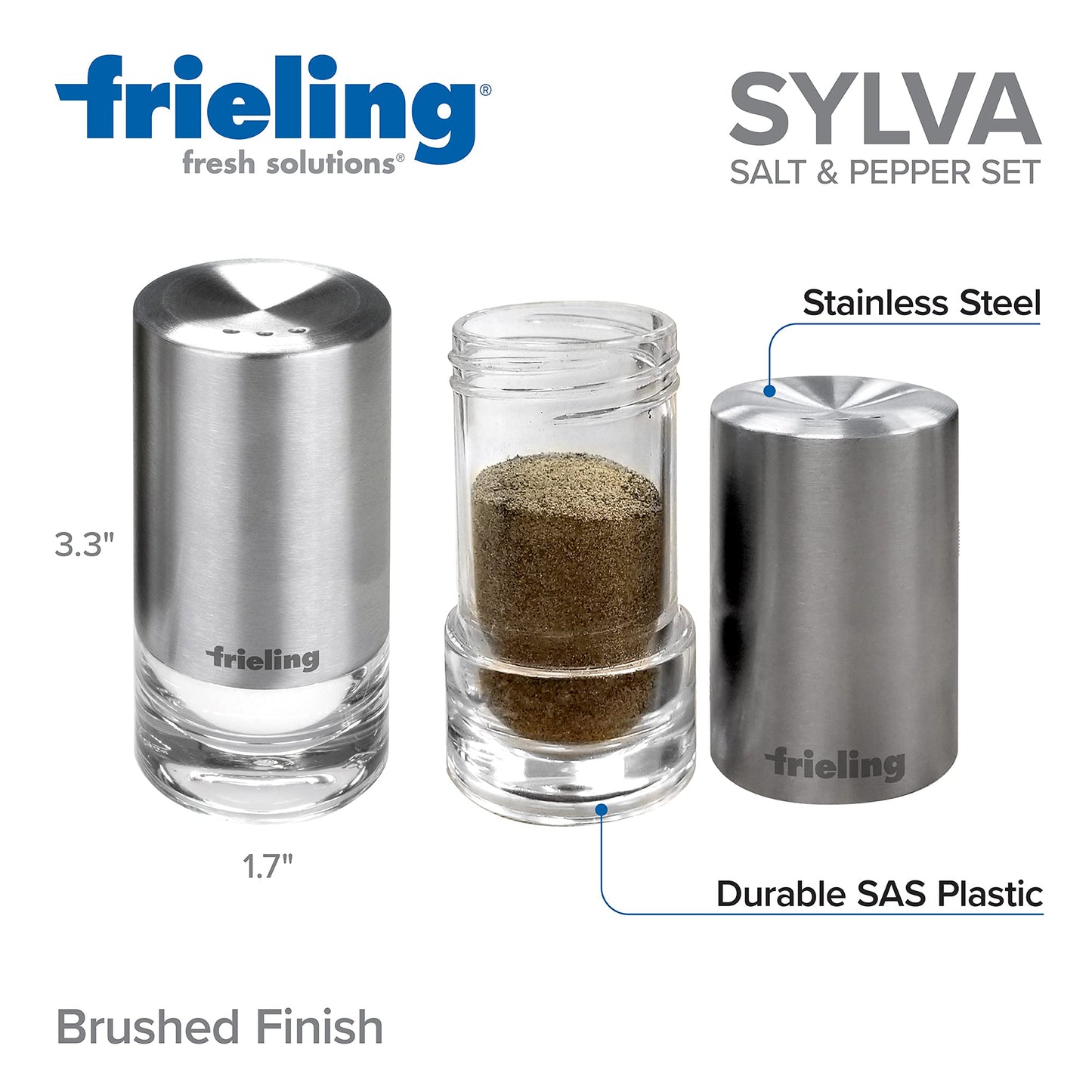 Frieling USA Sylva Salt or Pepper Shaker Acrylic, 3.3" x 1.7", Clear/Stainless Steel