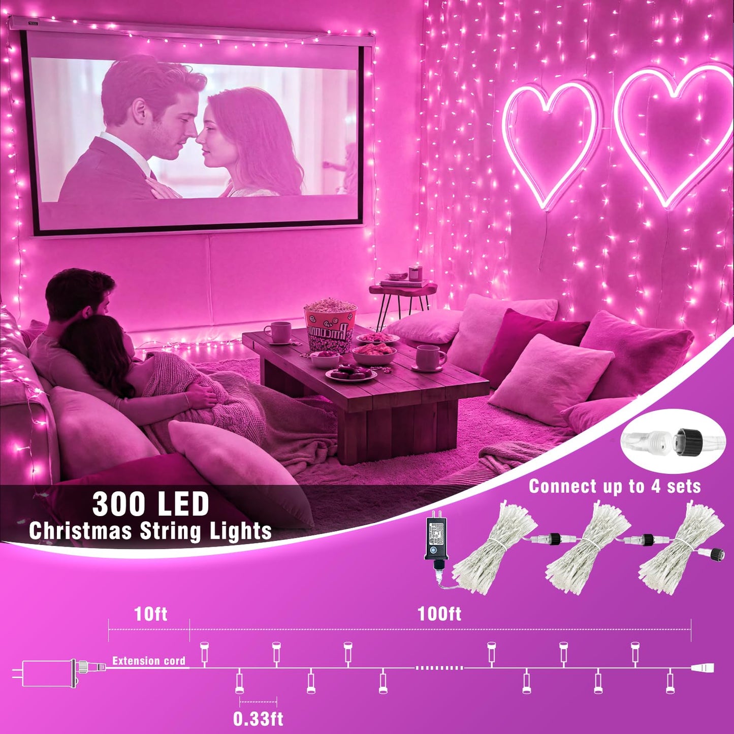 300 LED Pink String Lights Indoor Valentines Day Decorations, 100 FT Valentines Day Lights Waterproof with 8 Modes, Clear Wire Pink Fairy Lights Plug in for Valentine Day Wedding Party Bedroom Decor