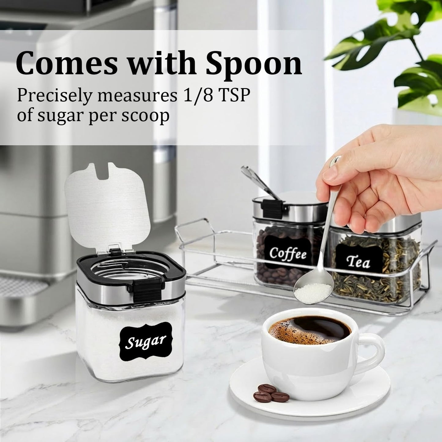 Aelga Glass Sugar Canister Set with Lid, Spoons and Rack, 3 Pack Sugar Container for Coffee Bar, Stainless Steel Flip-Top Lid, Salt and Spice Jar for Kitchen Countertop, Coffee Bar Accessories