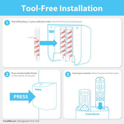 TotalMount Hole-Free Remote Holder – Eliminates Need to Drill Holes in Your Wall (for 2 or 3 Remote Controls – Black – Quantity 1)