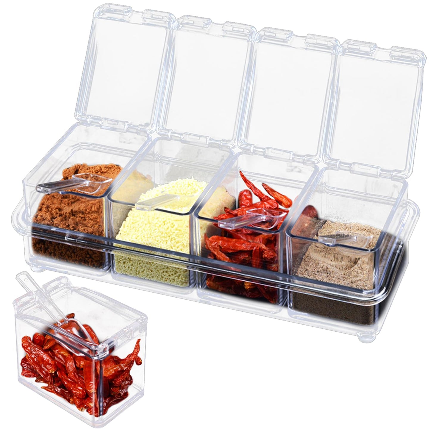 JLNGTHONG Clear Spice Containers, 4 Pieces Condiment Container with Lids for Salt Sugar, Acrylic Spice Rack Spice Container with Spoon