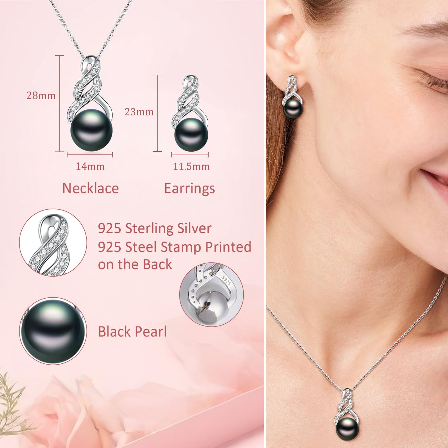 LOIPURI Pearl Necklace and Earring Set for Women - 925 Sterling Silver Pearl Jewelry Set Rhodium/Gold Plated Anniversary Birthday Gifts Packaged in Preserved Rose Box