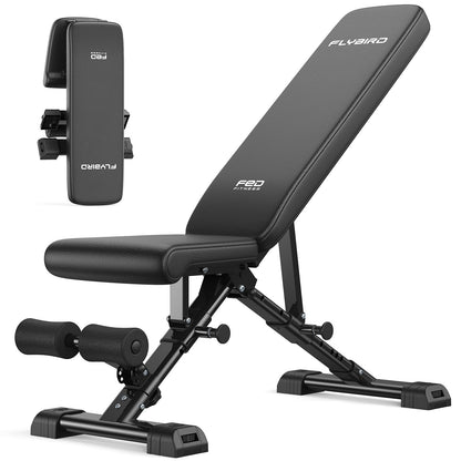 FLYBIRD WB5 Weight Bench, ASTM-Certified 800LBS Adjustable Weight Bench Workout Bench Foldable for Home Gym, 90° to -30° FID and 30in Extended Backrest for Bench Press Strength Training Exercise