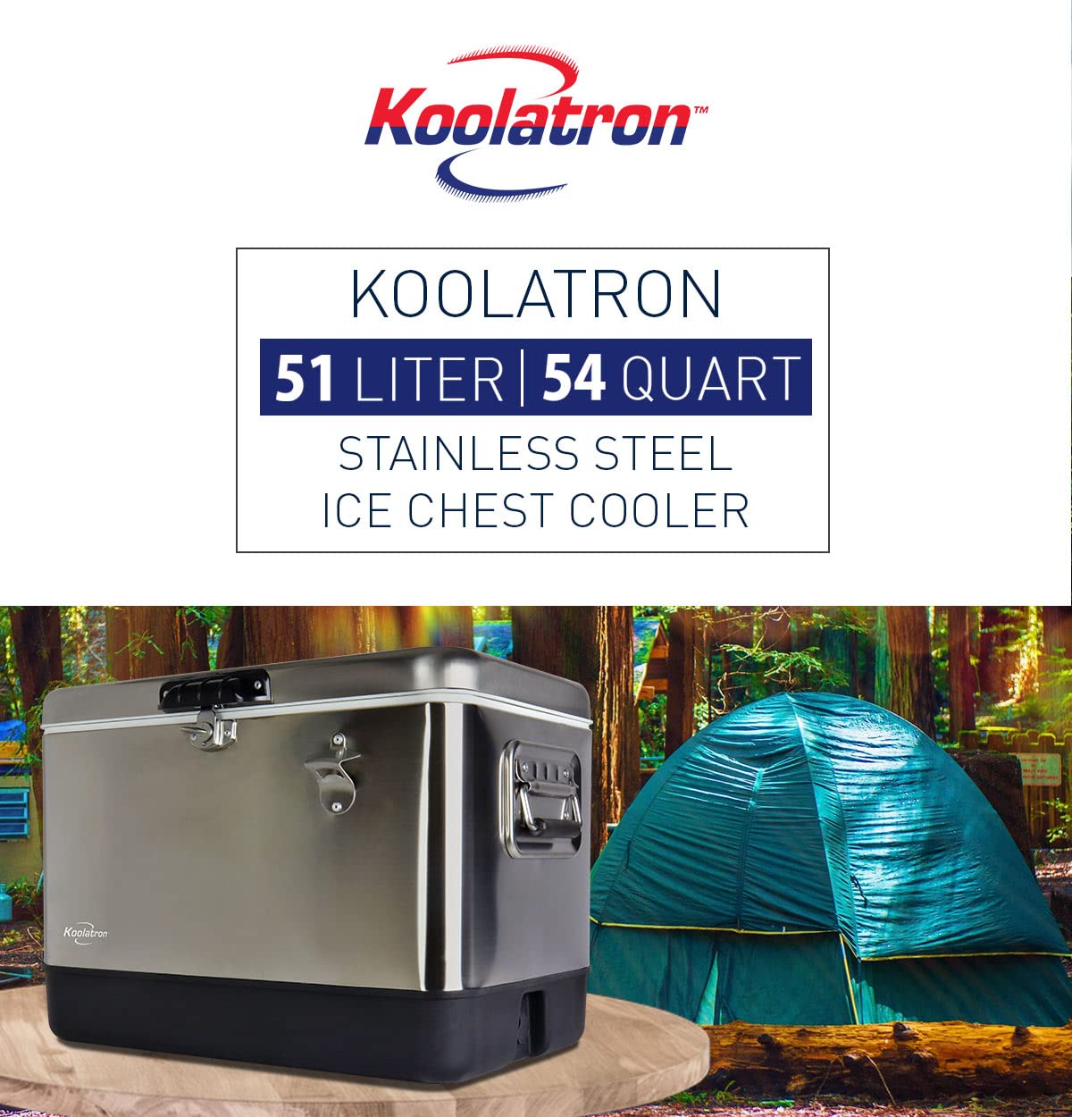 Koolatron Ice Chest Cooler - Portable Ice Bucket with Bottle Opener, Vintage Style, Insulated for Camping, Beach, Picnic, RV, BBQs, Tailgating, Fishing, Stainless Steel 85 Can Ice Box, 51L (54 qt)