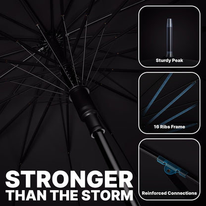 Royal Walk Windproof Umbrella Black Large 54 Inch Automatic Open for 2 Persons Stormproof for Men Women Classic Wooden Handle Lightweight Waterproof Durable Strong 16 Ribs Travel Golf Unisex 120cm