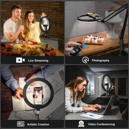 Evershop Ring Light with Tripod Stand & Phone Holder Overhead Mount,10" Ringlight Desk Streaming Phone Halo Light Flexible 3 Light Colors+10 Brightnesses 360°Rotatable Lighting Tiktok YouTube,CRI>95
