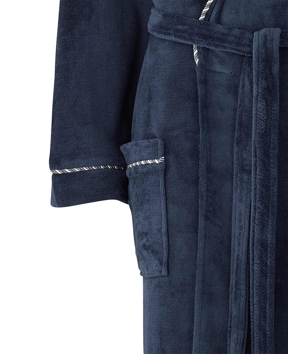 THE SAVILE ROW COMPANY LONDON Men's Lightweight Super Soft Warm Fleece Bath Robe Dressing Gown - Navy Rope Edge Plain - Large