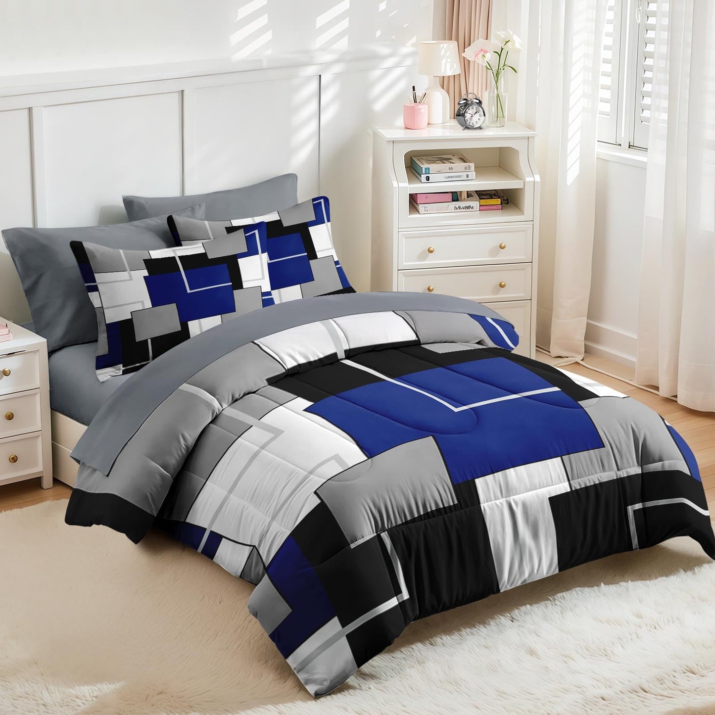 Nesker Comforter Set Full Size, Blue Black Geometric 7 Pcs Bedding for Kids and Adults, Abstract Modern Grey Bed Sheet Sets with Fitted Sheet 2 Pillowcases & 2 Shams
