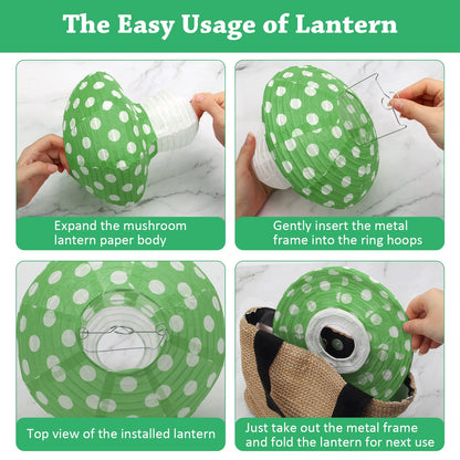 4Pcs Mushroom Shaped Paper Lanterns, Windspeed Large 8 and 12 Inch Lanterns for Nursery Garden Christmas Party Decoration (Green)