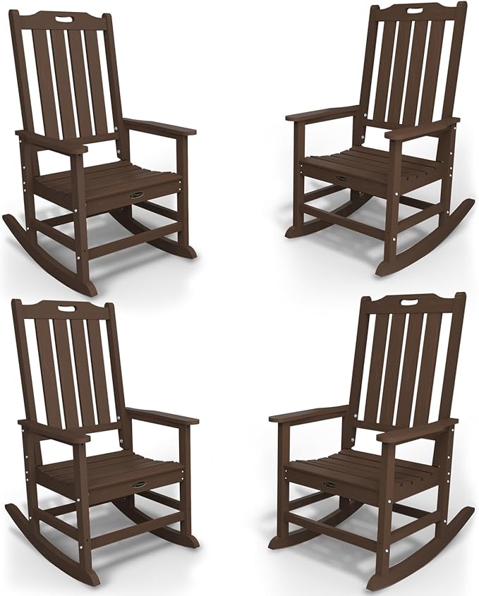 Oversized Rocking Chair Set of 4, Outdoor Rocking Chair for Adults, All Weather Resistant Porch Rocker for Lawn Garden, Brown