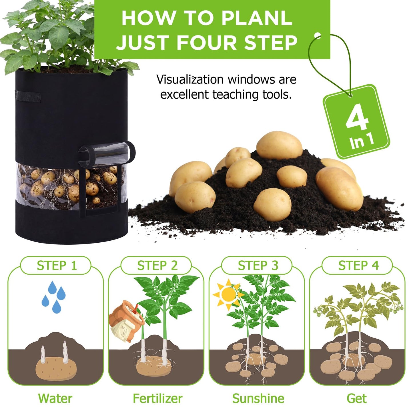 Baderke 2 Pack Visible Potato Grow Bags with Harvest Window, 360 Visibility Plant Grow Bags with Handles for Planting Potatoes, Tomatoes and Vegetables (30 Gallon,Black)