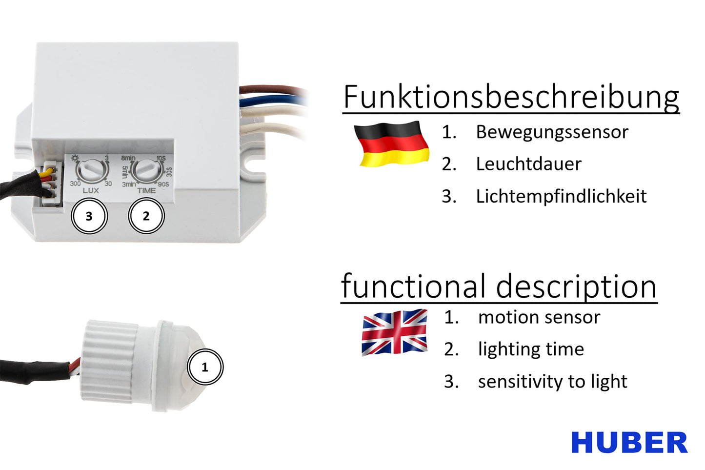 HUBER Motion 19LV Mini PIR Motion Sensor 120° / 360° for Indoor/Outdoor Mounting I Sensor IP65 I 12-24V Built-in Motion Sensor Small with Potentiometer