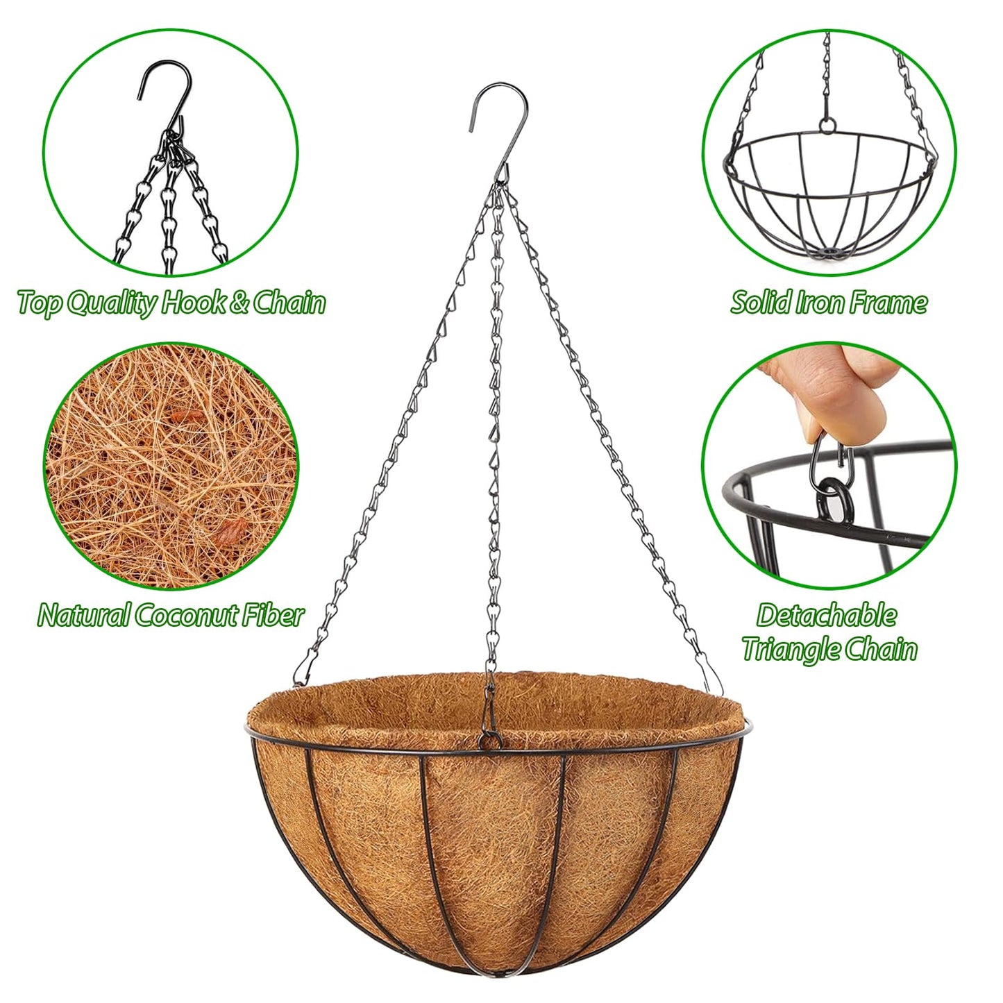 LCHUANG Hanging Baskets Planter for Plants - 2 Pack 10 Inch Metal Baskets with Coco Coir Liner, Hanging Flower Pots for Outside with Chain, Indoor Outdoor Garden Porch Decoration (10'' Pack of 2)