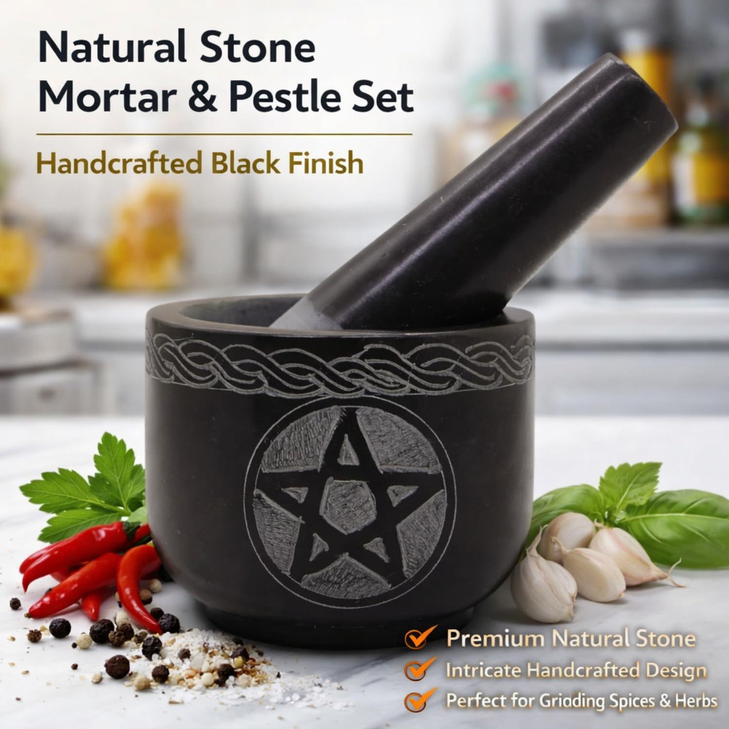 KC KULLICRAFT Mortar and Pestle Set Unique - Black Pestle and Mortar Bowl Solid Stone Grinder for Herbs Spice Guacamole Garlic Ginger Root