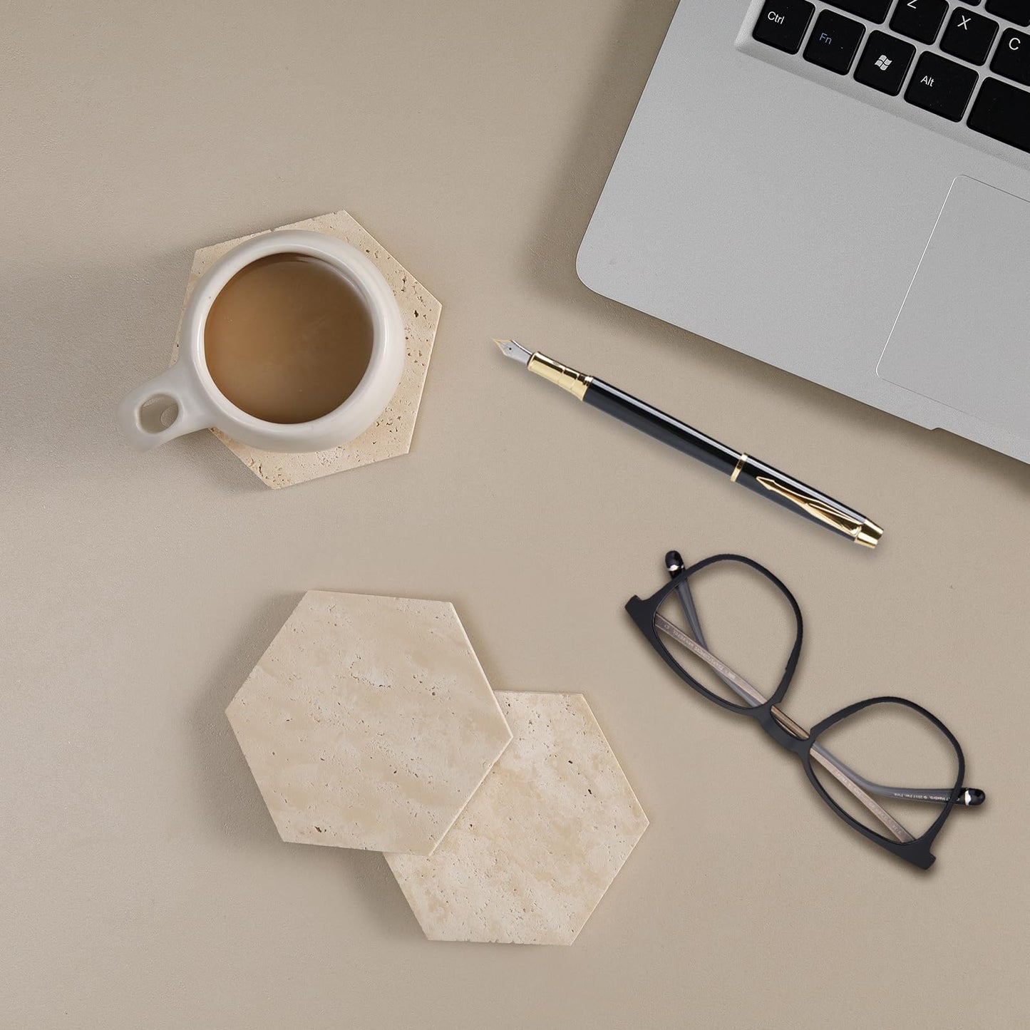 YONGHEE Travertine Coasters Set of 6 with Holder, Hexagonal Rustic Farmhouse Beige Marble Drink Coasters for Coffee Table Decor, Porous Stone Absorbent Coaster for Drinks, Velvet Backed