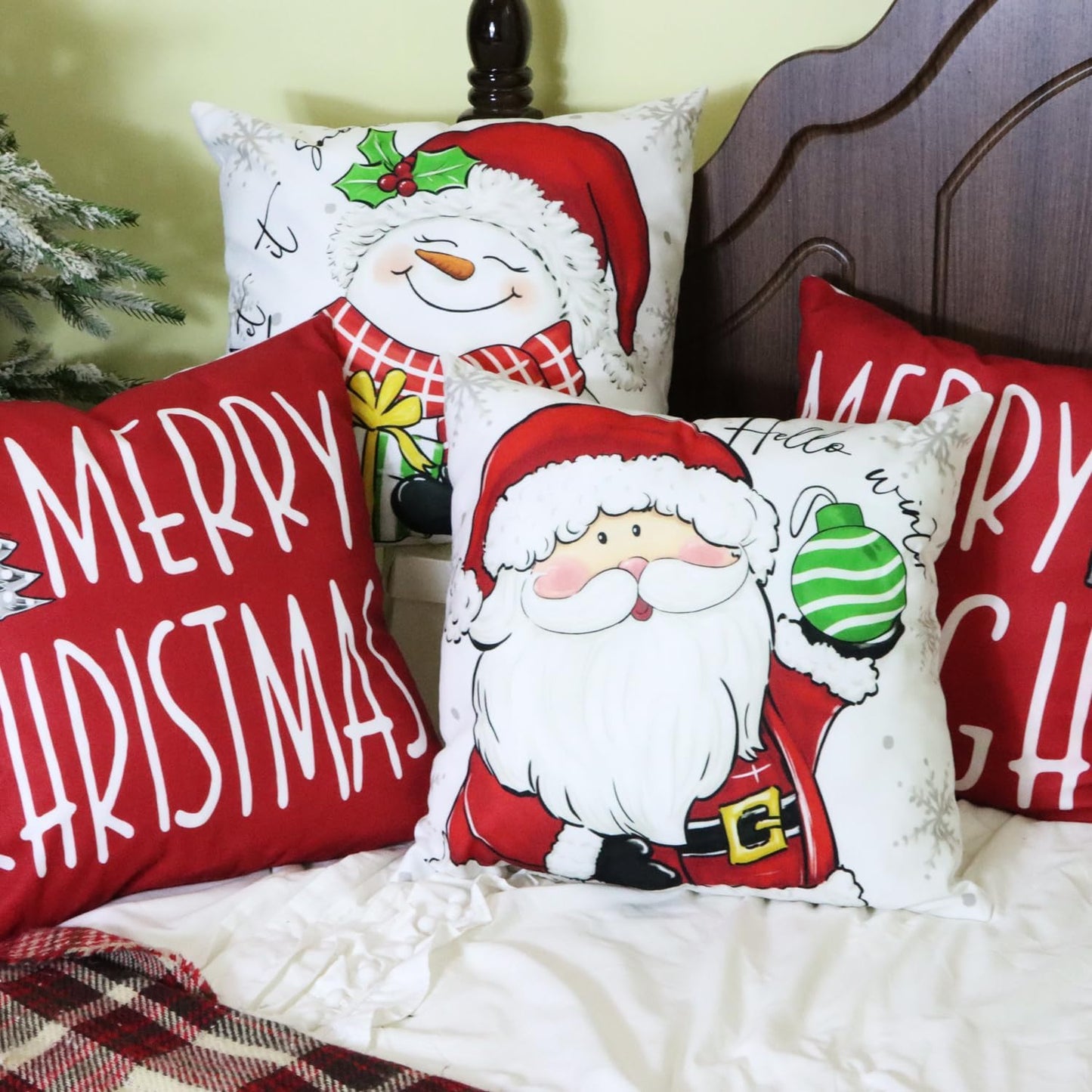 RidaaFri Christmas Pillow Covers 18x18 Inch Set of 4 Merry Christmas Red Throw Pillow Cases Winter Holiday Cushion Case Snowman Santa Claus Xmas Decorations for Home