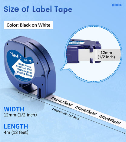 5-Pack MarkField Label Tape Replacement for Dymo Letratag Tape Plastic White 12mm x 4m S0721610, Compatible with Dymo Label Printer LT-110T LT-100H LT-100T QX50 XR XM