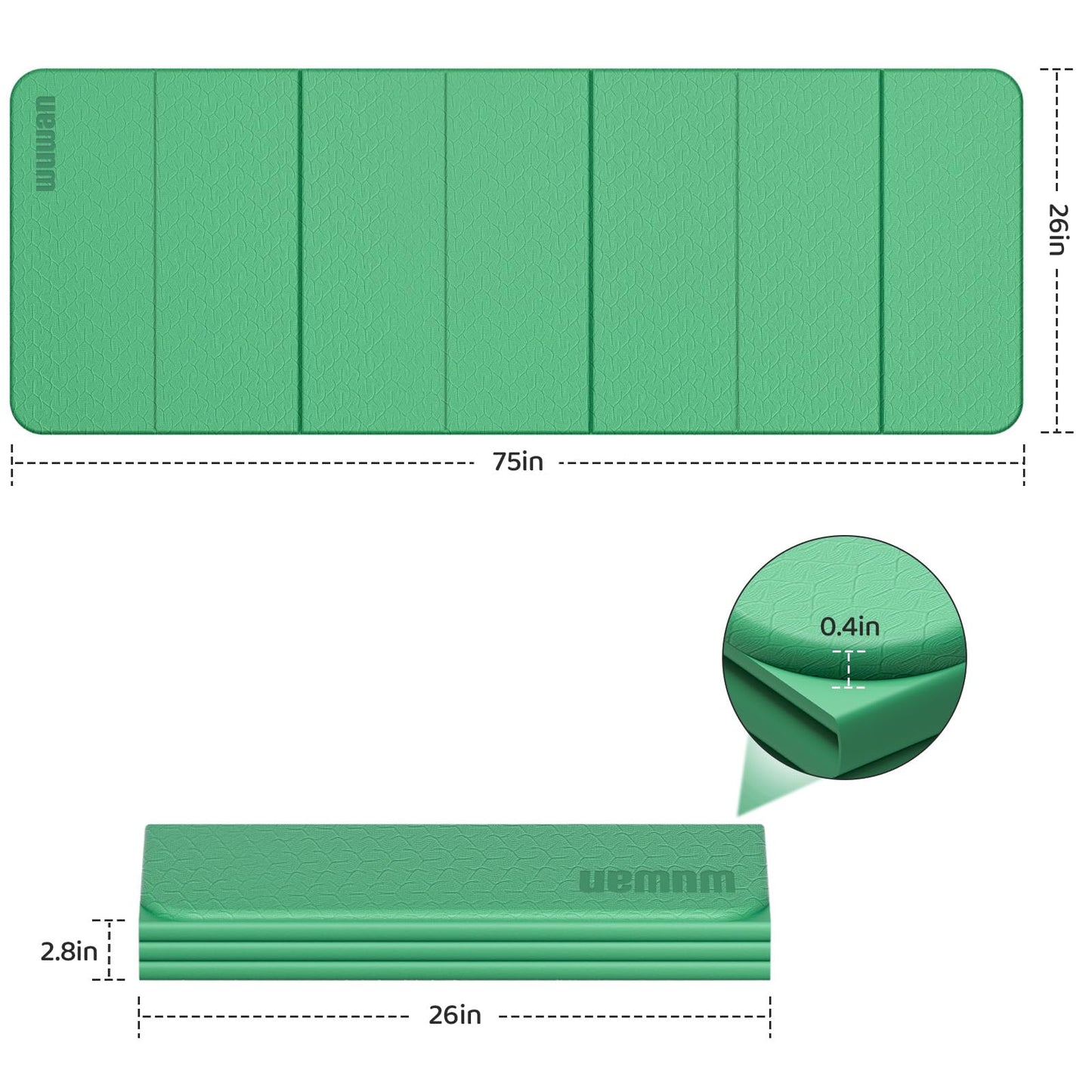 Folding Yoga Mat Extra Thick 0.4 Inch, Foldable Yoga Mat 75 x 26 Inches, TPE Exercise Mat, 7-Panel Non Slip Cushioned Fitness Mat for Yoga, Pilates, Stretching, Home Workout (Green)