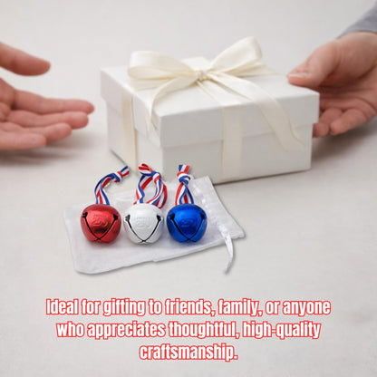 Bevin Bells Believe Sleigh Bells Ornament | America’s 250th Anniversary (3-Pack) | 1.5" Steel Jingle Bells in Red, White & Blue with Tricolor Ribbon & White Drawstring Bag | Gift Ideas | Made in USA