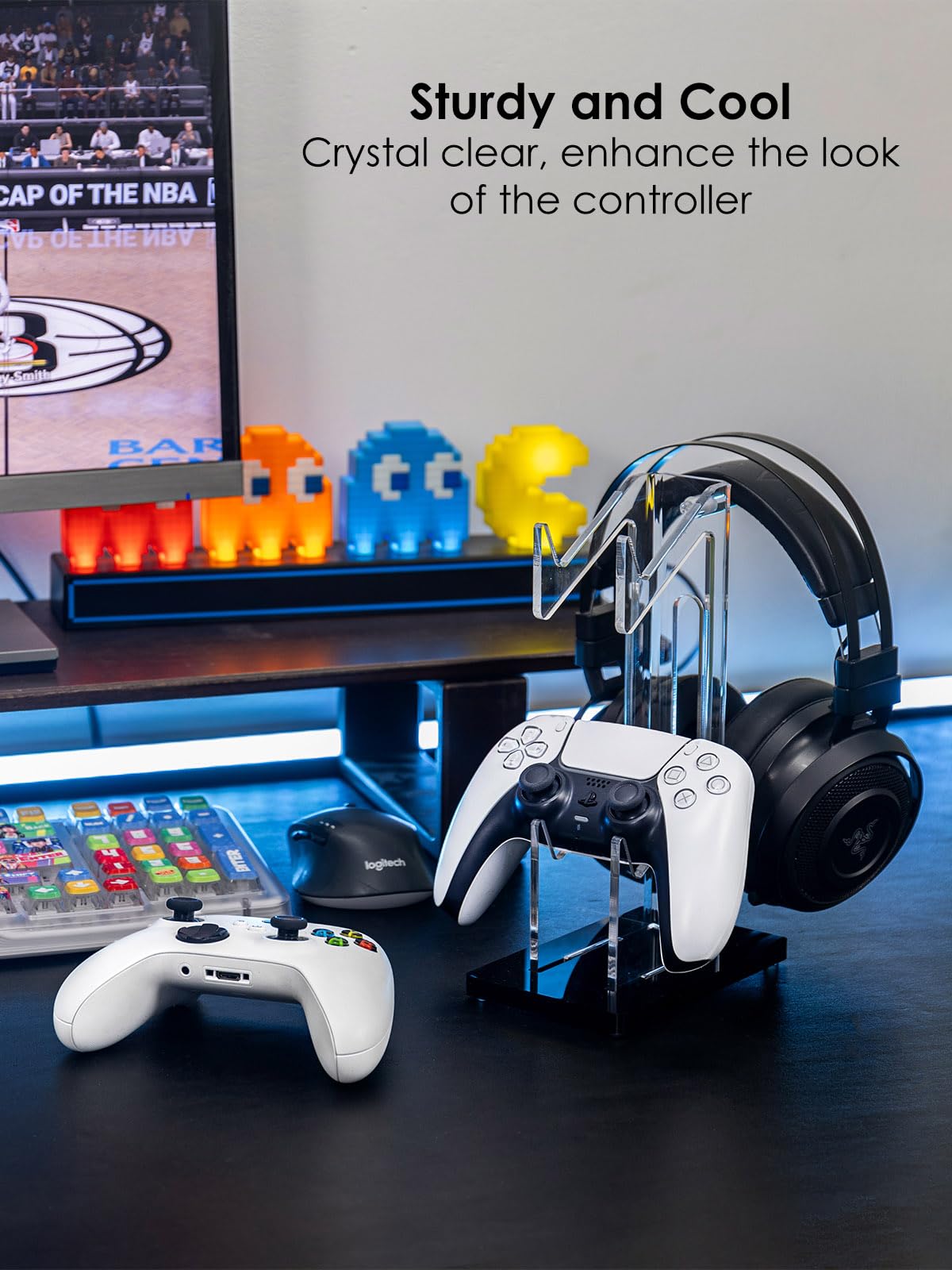 OAPRIRE Headset and Controller Stand, Space-Saving 2 Tier Game Controller Holder, Acrylic Controller and Headset Stand for Desktop, Universal Design Compatible with PS5/PS4/Xbox/Switch (Deep Black)