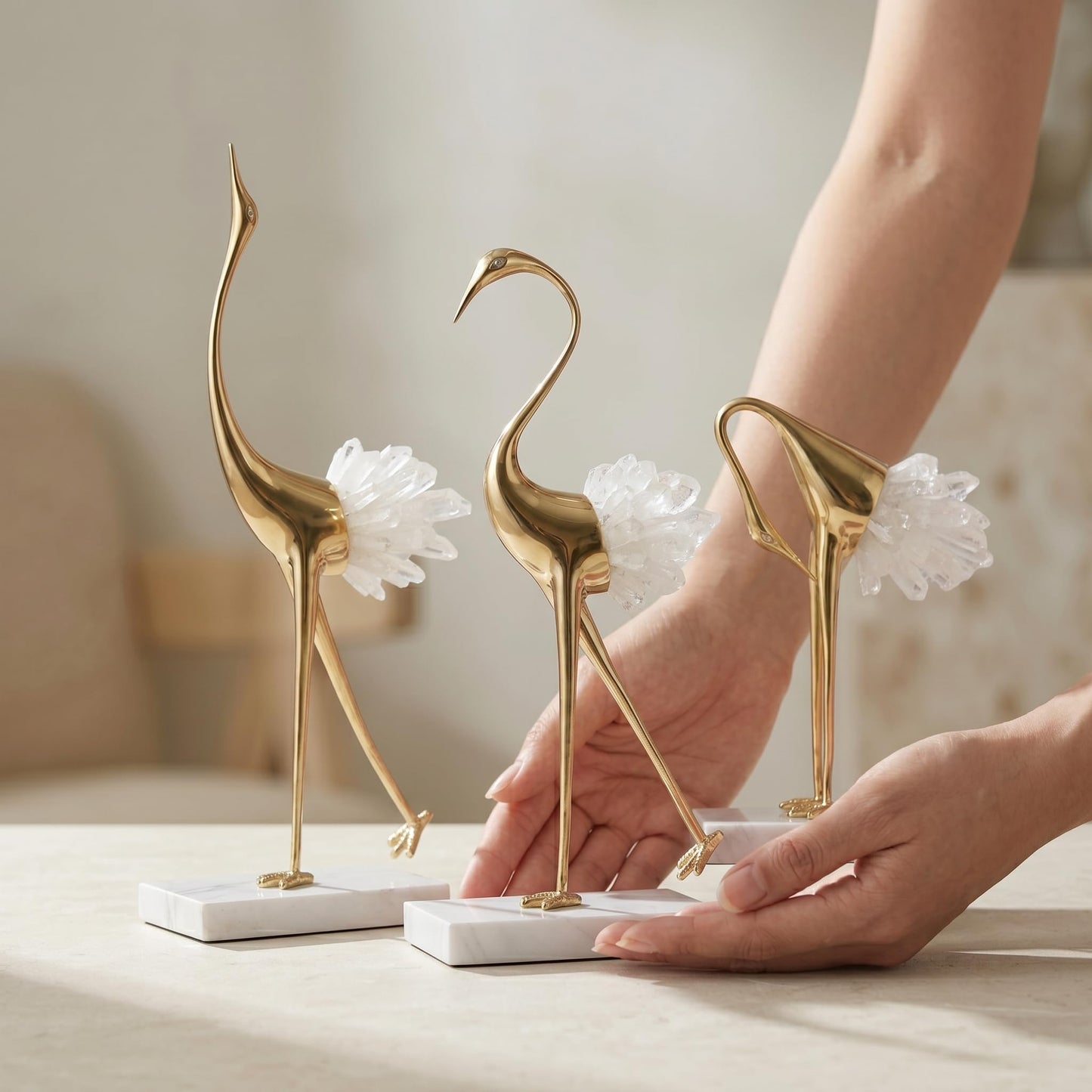 suruim Elegant Gold Crane Bird Statues with Crystal Tail Accents, Decorative Brass Figurines for Home Decor (White B)