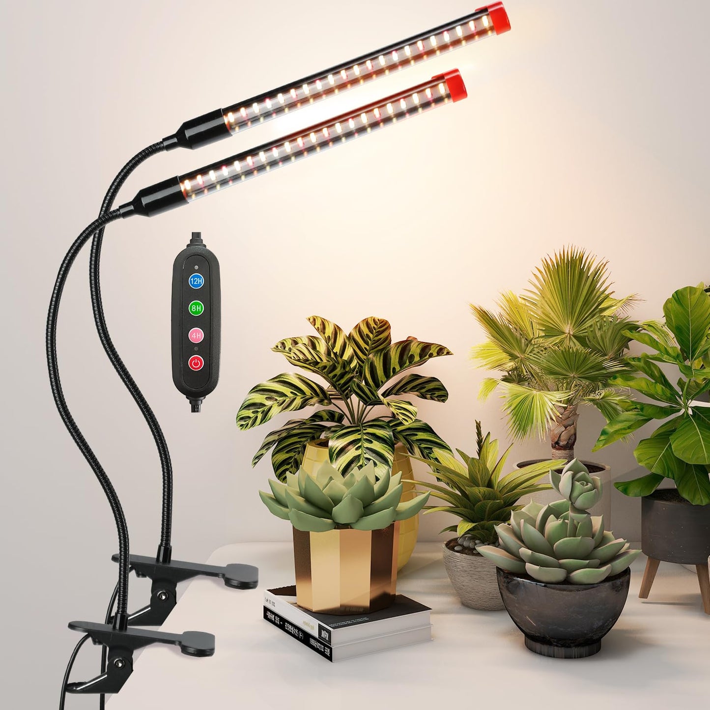 JINHONGTO 2Pack Small Clip Grow Lights for Indoor Plants, Bonsai, Mini Full Spectrum Pot Plant Grow Light, 4/8/12/16/20H Timer, 9 Watt Power Draw, NO Need Adapter