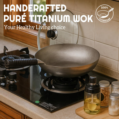 Yiyiring Pure Titanium Wok with Lid, Ultra Lightweight 2.5 Lbs Titanium Wok Single-piece Molded No Coating Rivetless Handcrafted Frying Pan Durable Cookware for Gas Stove Home & Outdoor Camping