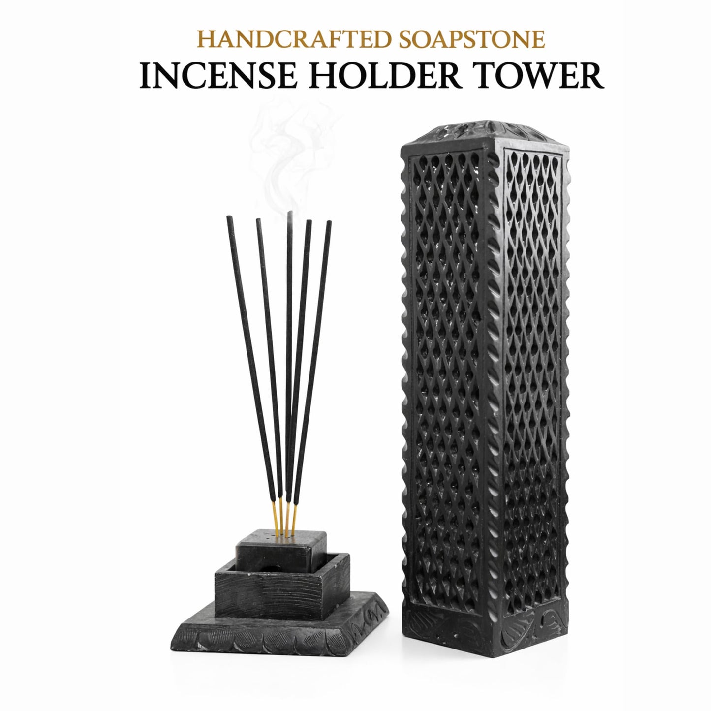 KC KULLICRAFT Handmade Marble Black Soapstone Incense Stick Burner | Candle Stick Holder | Tea Light Burner - Perfect Jaali Carving for Gifting. Decorative Home and Kitchen Decor (3 x 3 x 11 Inches).