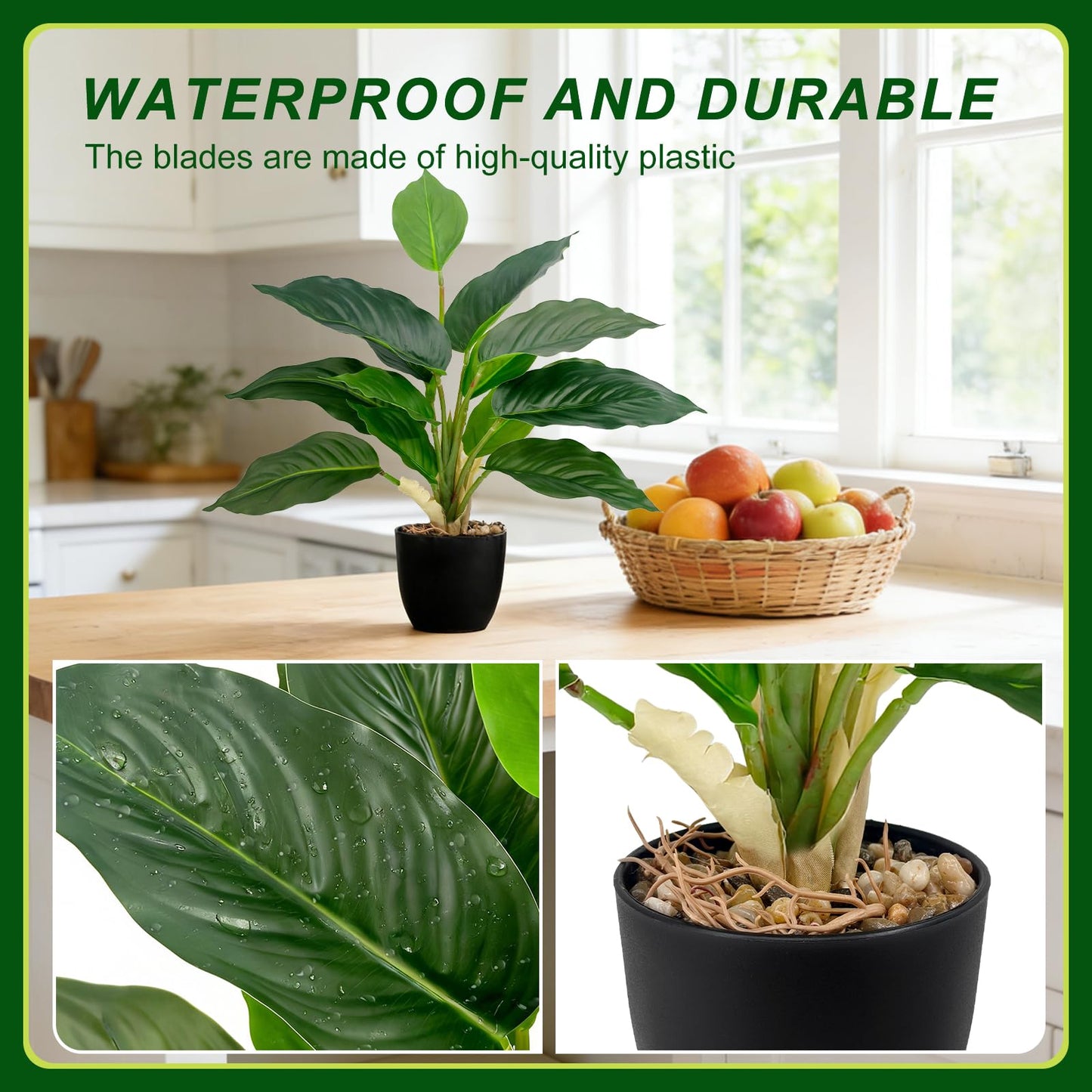 VUAHAUL 2 Pack Artificial Potted Plants, 16" Fake Plants Indoor in Black Pots for Home Bathroom, Office Desk, Shelf - Realistic Faux Greenery for Living Room, Kitchen, Farmhouse Decor