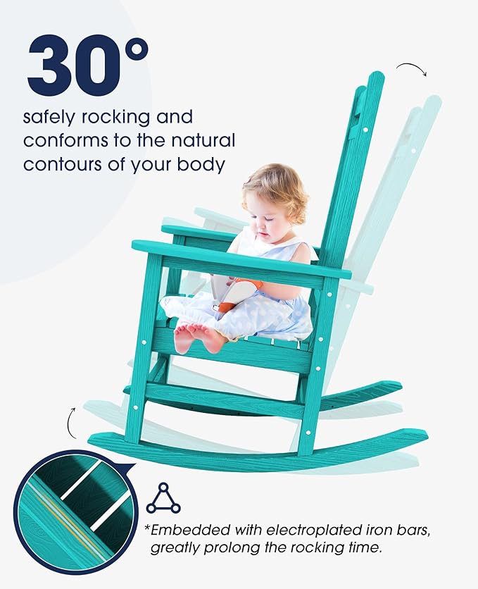 KINGYES Oversized Outdoor Rocking Chair, All-Weather Patio Rocking Chairs for Porch, HDPE Outdoor Patio Rockers with High Back & Wide Seat for Garden, Lawn, Aruba