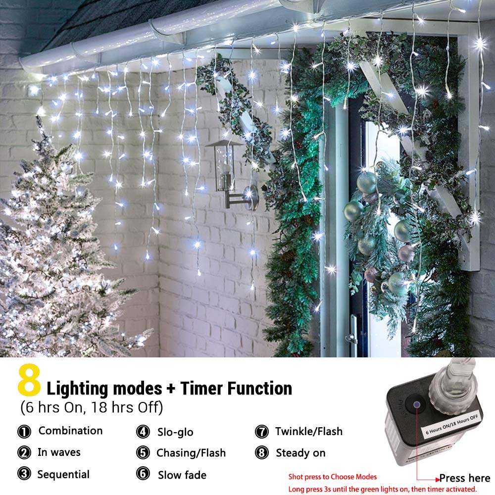 Toodour Christmas Icicle Lights Outdoor, 612 LED 50ft 8 Modes Fairy Icicle String Light with 102 Drops, Led Christmas Lights Twinkle for Holiday, Party, Wedding, Eaves, Xmas Decorations (White)
