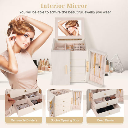 Dajasan Large Jewelry Box Organizer, Jewelry Storage Organizer with 3 Drawers, Huge Jewelry Box with Mirror for Women Girls, Double Door, Textured PU Leather, Gift Idea, Stylish (Beige + Gold)