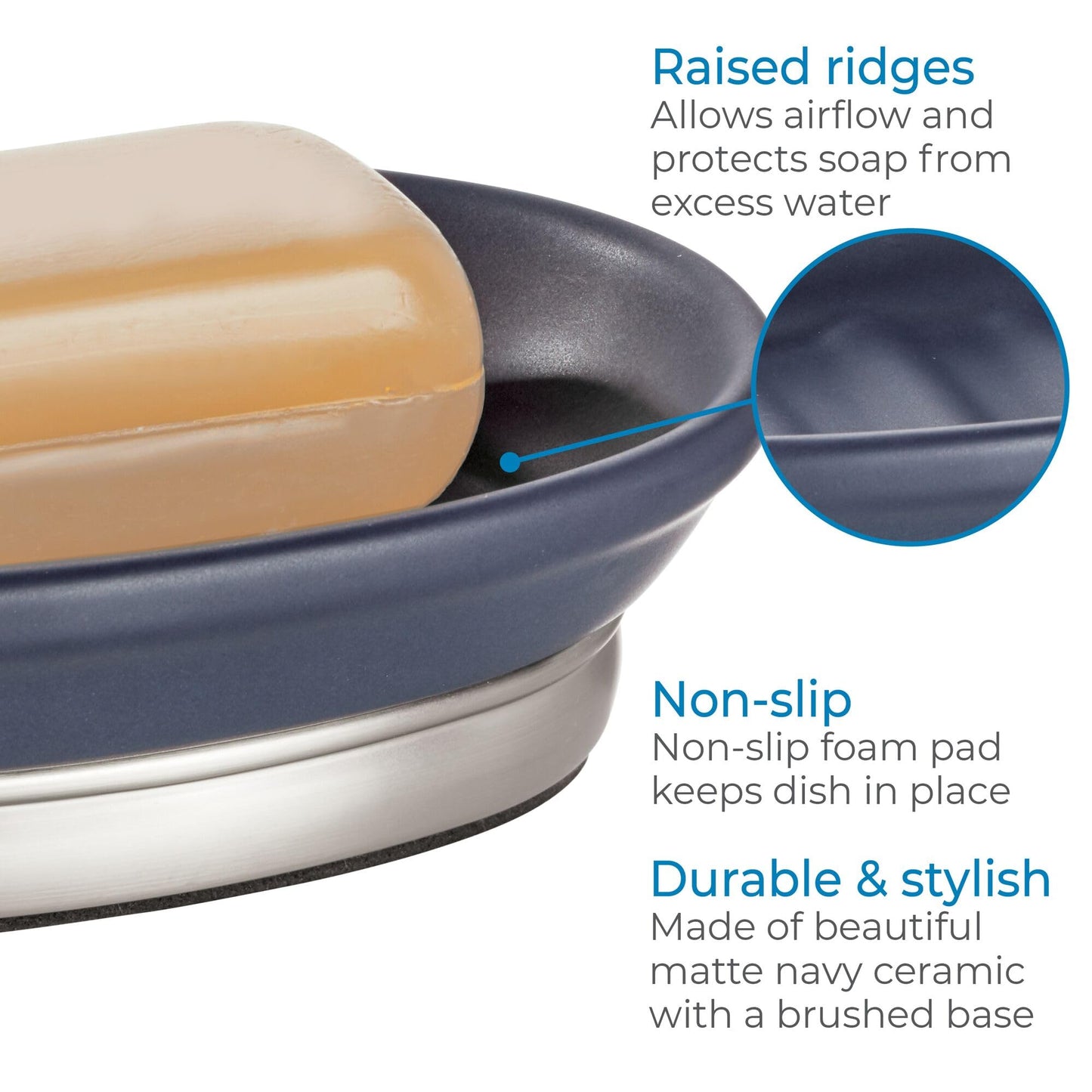 iDesign Ceramic and Steel Bar Holder, The York Collection Soap Dish, Matte Navy/Brushed Nickel
