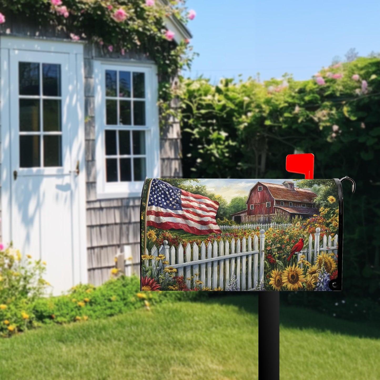 American Flag Patriotic Mailbox Covers 4th of July Independence Day Mailbox Cover Sunflowers Summer Post Letter Box for Garden Standard Size 21x18 in for Yard Home Decor