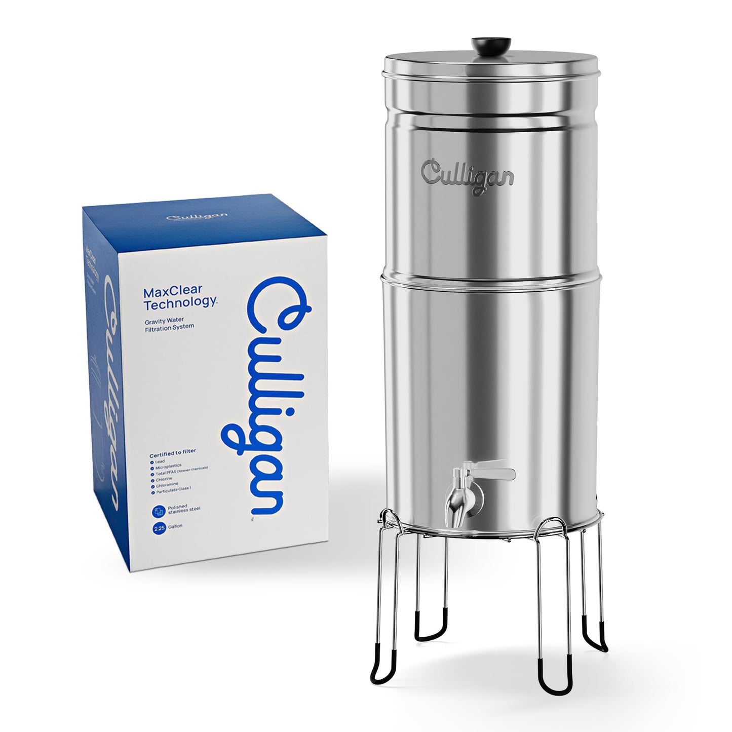 Culligan MaxClear 2.25 Gallon Gravity Water Filter System Removes Microplastics, PFAS & Lead, NSF/ANSI Certified, Polished Stainless-Steel Countertop Filter with 4 Ceramic Filters