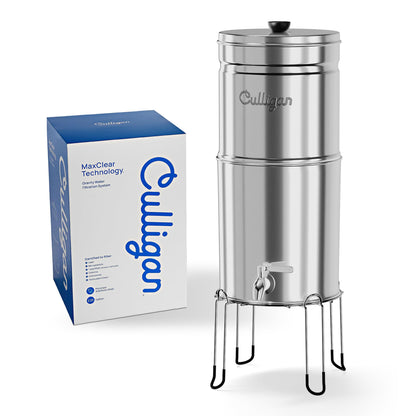 Culligan MaxClear 2.25 Gallon Gravity Water Filter System Removes Microplastics, PFAS & Lead, NSF/ANSI Certified, Polished Stainless-Steel Countertop Filter with 4 Ceramic Filters
