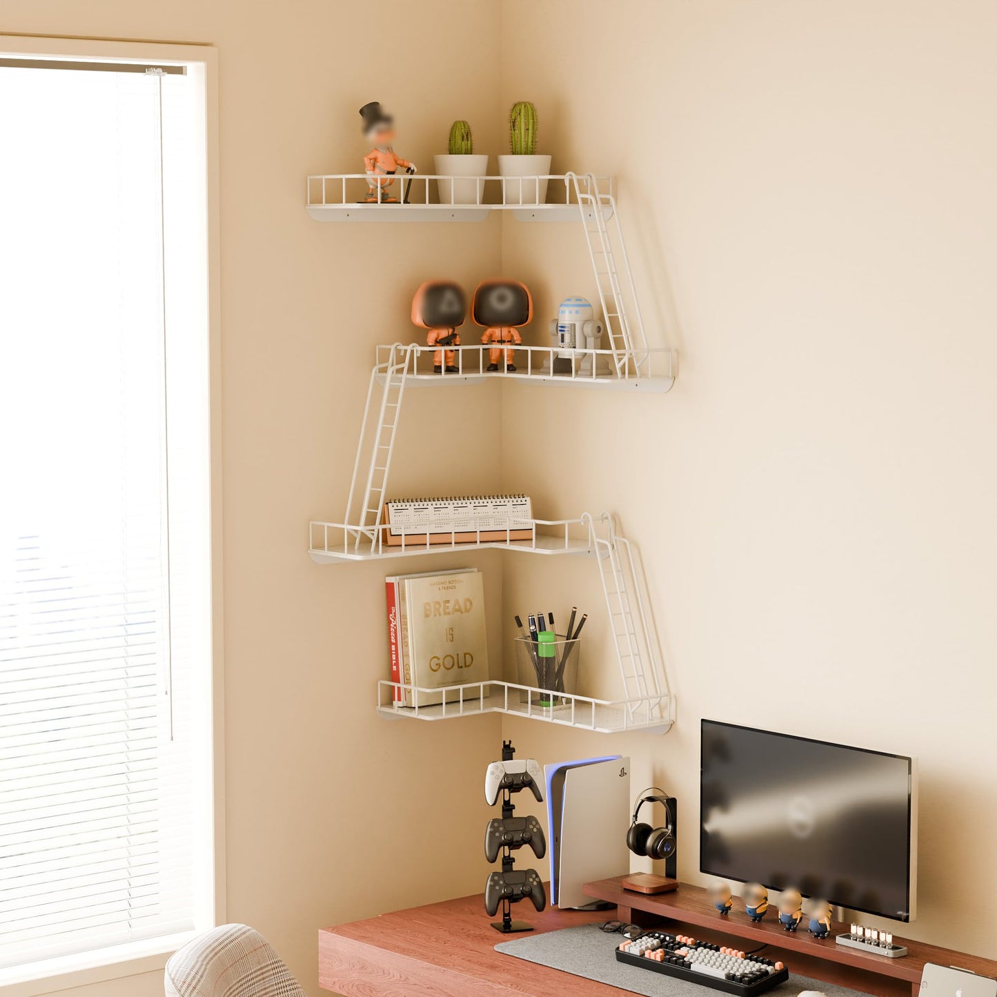 WOPITMER Fire Escape Wall Shelf - Modern City Style 4-Tier Corner Wall Shelves, Easy to Install Metal Ladder Shelf for Figures, New York Decorative Shelves for Bathroom, Living Room & Home Decor,White