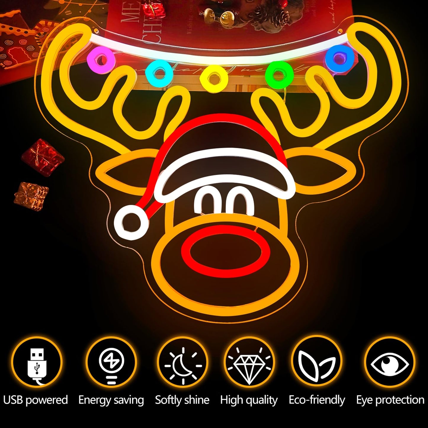 Dpaint Christmas Reindeer Neon Sign for Wall Decor Elk Neon Light Dimmable Christmas Elk Light Up Sign Led Reindeer Decoration for Gifts