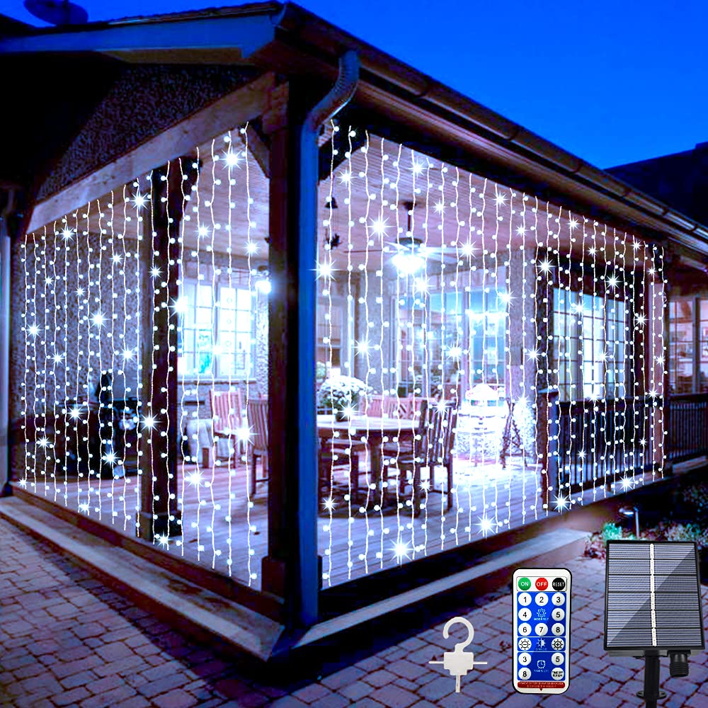 Whywhife Solar Curtain Lights Outdoor Garden 300 LED Fairy String Lights 8 Modes Remote Control Waterproof Waterfall Lights for Gazebo Patio Home Festival Wedding Wall Christmas Decorations(White)