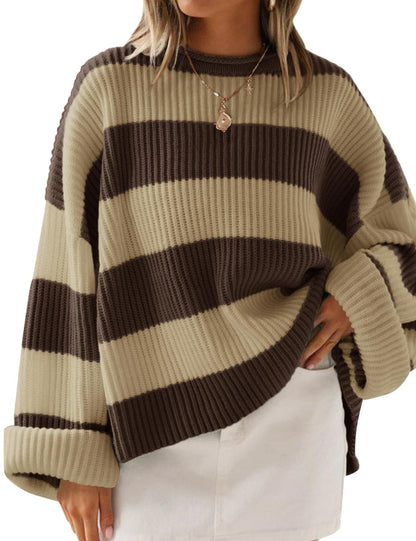 ZESICA Women's 2025 Fall Long Sleeve Oversized Striped Color Block Comfy Loose Crew Neck Knitted Pullover Sweater