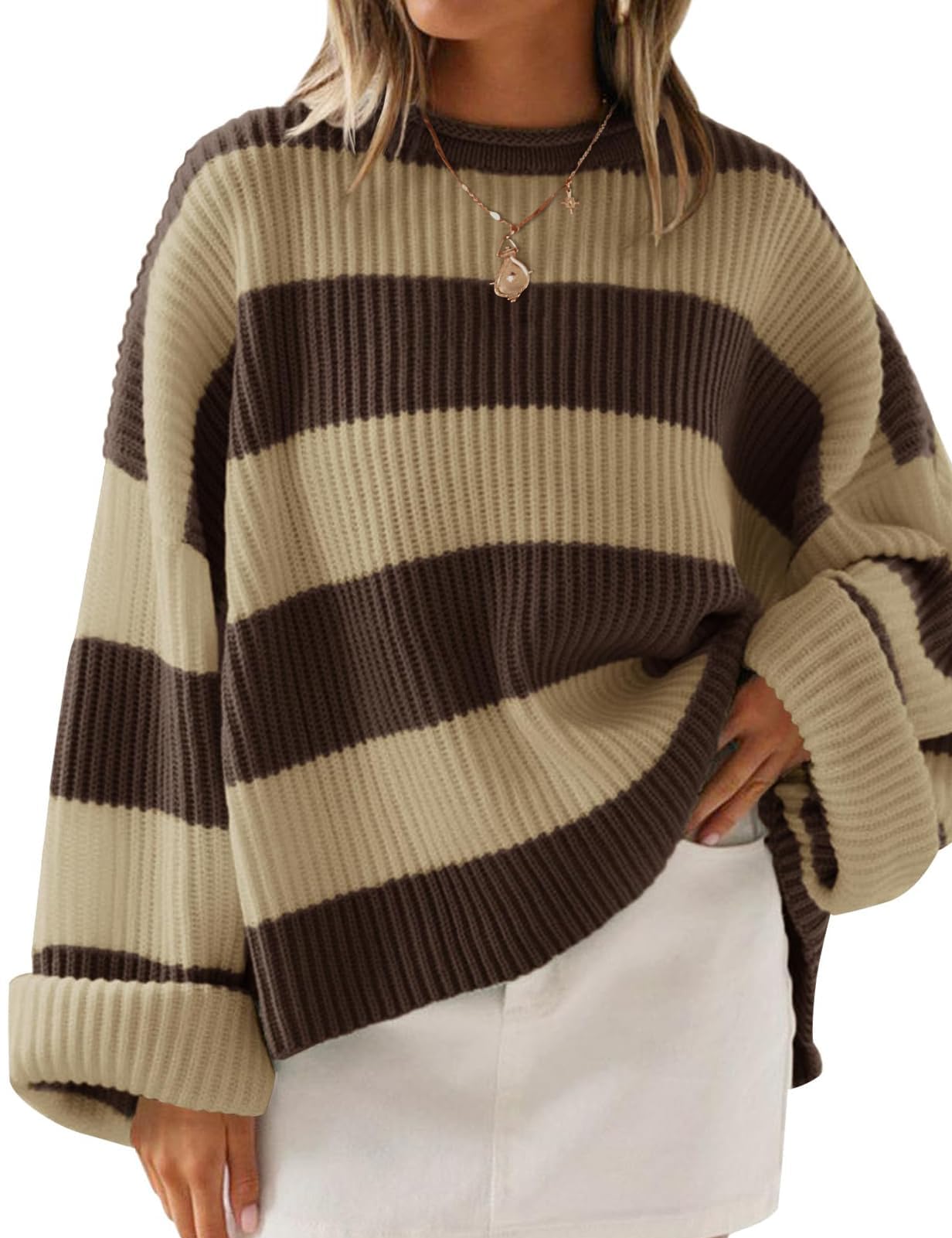 ZESICA Women's 2025 Fall Long Sleeve Oversized Striped Color Block Comfy Loose Crew Neck Knitted Pullover Sweater