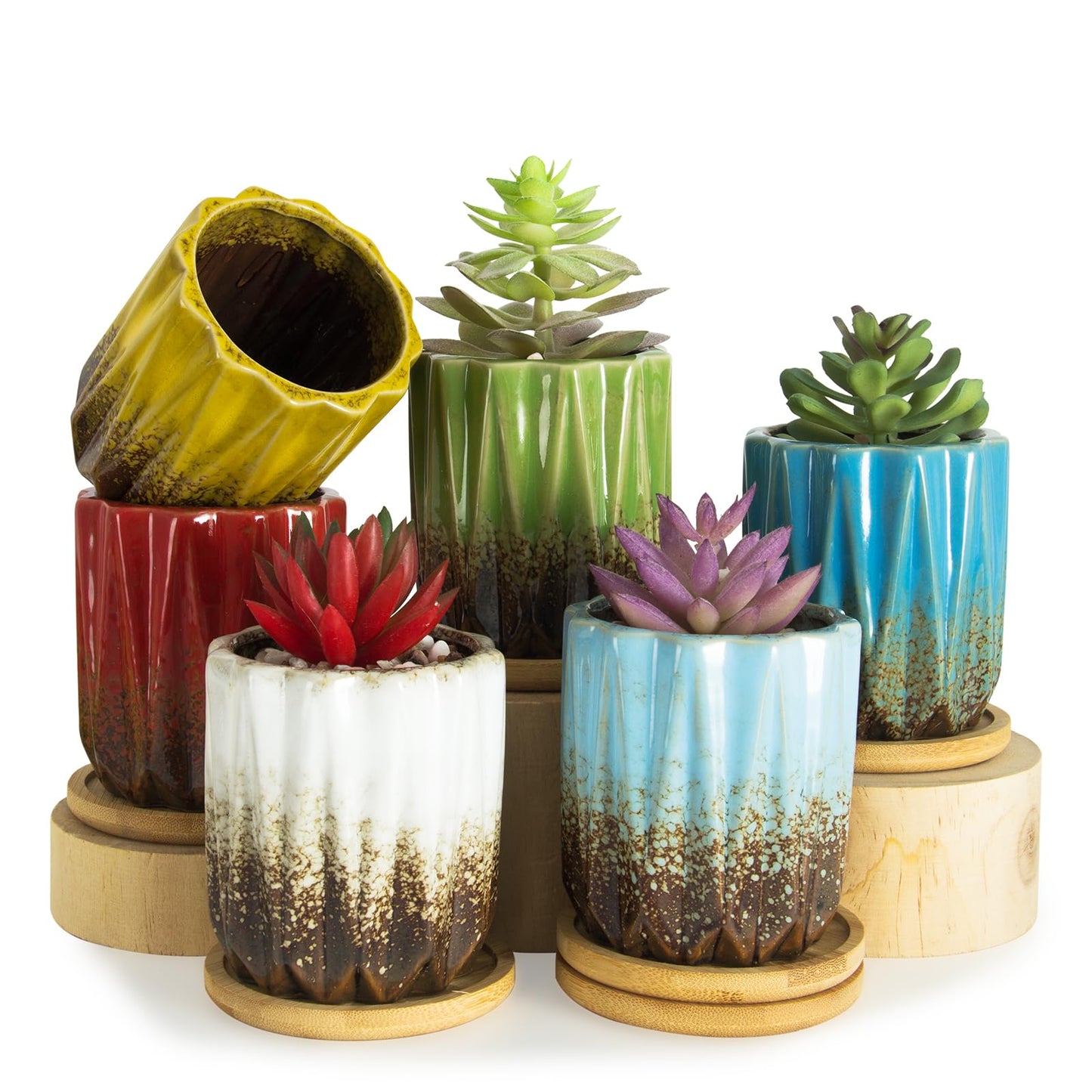 ARTKETTY Succulent Pots - 3.15 Inch Small Plant Pots with Drainage Trays Set of 6, Ceramic Pots for Indoor Plants Glazed Cactus Flower Pots Decorative Garden Home