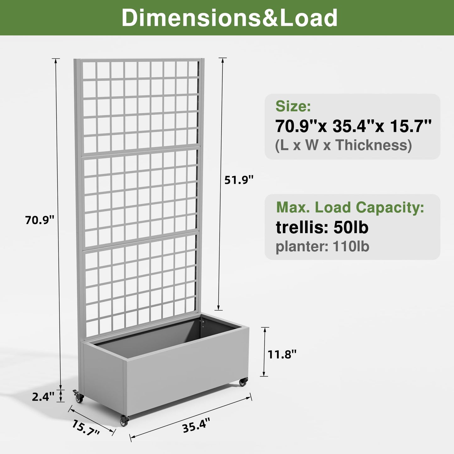 71"x35"x16" Metal Raised Garden Bed with Trellis, Trellis with Planter Box for Backyard Patio Balcony Climbing Plants, Gray Lattice
