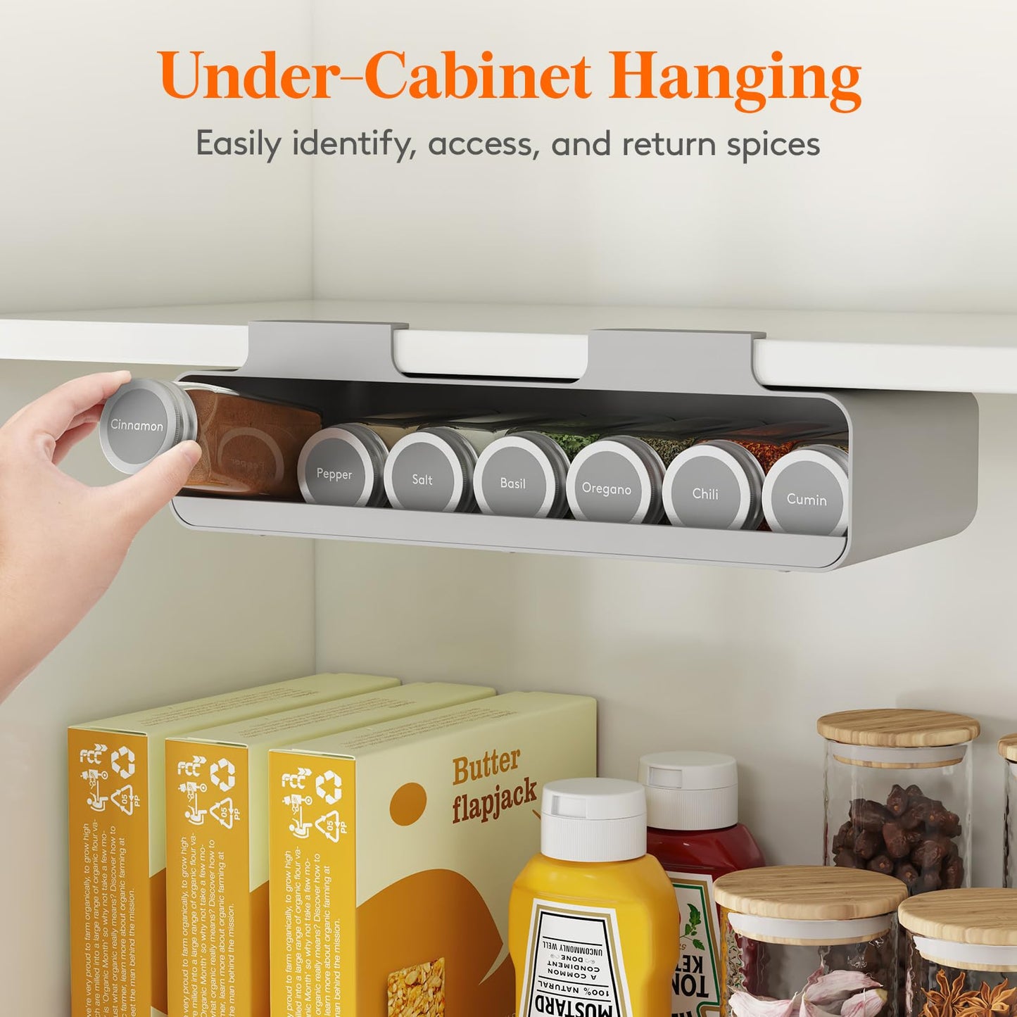 Lifewit Under Cabinet Spice Rack Organizer with 7 Jars, Lables, Under Shelf, Easy Refilling with Silicone Funnel,Seasoning Organizer for Kitchen Storage Solution, Gray